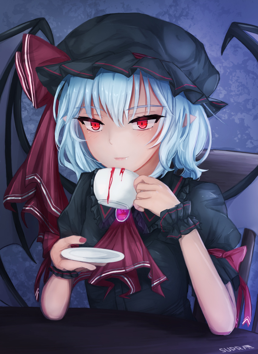 ascot bat_wings black_dress blood blue_hair bow brooch chin_rest commission cup dress drinking fang frilled_shirt frilled_shirt_collar frilled_sleeves frills hat hat_ribbon highres jewelry mob_cap painting photoshop puffy_short_sleeves puffy_sleeves red_bow red_eyes red_ribbon remilia_scarlet ribbon ribbon_trim shirt short_hair short_sleeves suprakill touhou wings wrist_cuffs
