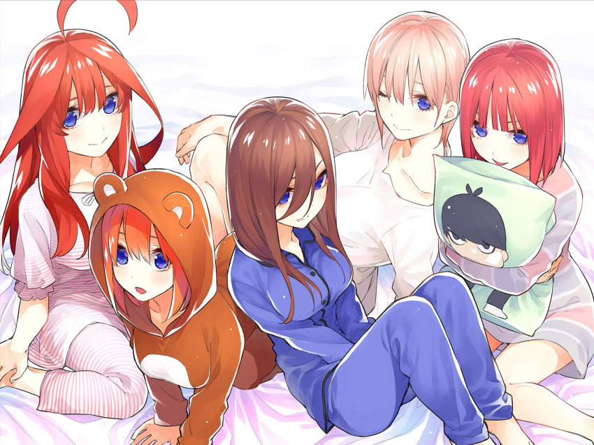 5girls :&gt; :d ;&gt; ahoge all_fours bangs bear_hood bed_sheet blue_dress blue_eyes blue_pajamas blue_pants blunt_bangs breasts brown_hair character_print closed_mouth collarbone collared_shirt commentary_request cosplay dress eyebrows_behind_hair full_body go-toubun_no_hanayome hair_between_eyes hair_down hand_on_own_knee haruba_negi highres kigurumi knees_up large_breasts lavender_hair long_hair long_sleeves looking_at_viewer multiple_girls nakano_ichika nakano_itsuki nakano_miku nakano_nino nakano_yotsuba on_bed open_mouth orange_hair pajamas pants pillow pillow_hug pink_dress pink_hair pink_pajamas pink_pants quintuplets redhead ribbon shirt short_hair short_sleeves siblings sidelocks sisters sitting sitting_on_bed smile striped striped_dress uesugi_fuutarou wariza white_shirt