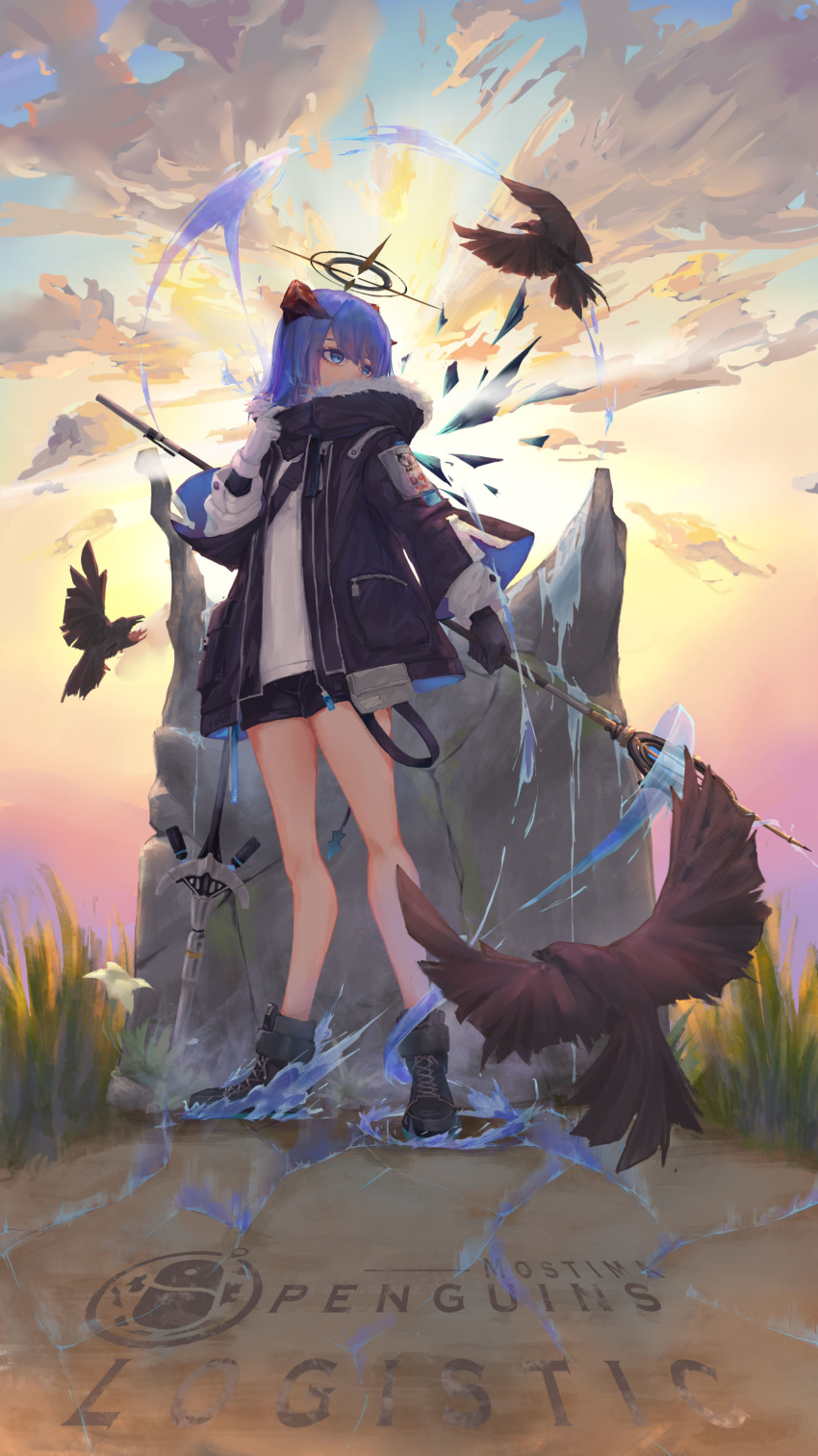 1girl absurdres arknights bare_legs bird black_sash black_shorts blue_hair coat commentary eagle energy_wings fur-trimmed_coat fur-trimmed_hood fur-trimmed_jacket fur_trim gloves grey_gloves halo highres horns jacket mismatched_gloves mostima_(arknights) overcast piaohan_de_xiao_loli shorts water