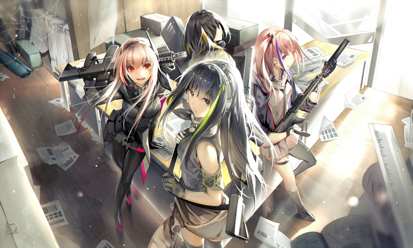 4girls anti-rain_(girls_frontline) ar-15 armband assault_rifle asymmetrical_legwear bangs behind_back beige_jacket black_eyes black_footwear black_gloves black_hair black_jacket black_legwear black_skirt blonde_hair blue_eyes blue_hair blue_jacket boots box braided_ponytail brown_eyes brown_hair cabinet clothes_around_waist collar commentary_request crossed_legs desk dress expressionless eyebrows_visible_through_hair eyepatch girls_frontline gloves green_hair green_sweater gun hair_ornament hand_behind_head happy head_tilt headgear headphones highres holding holding_weapon jacket jacket_around_waist kneehighs leaning_to_the_side long_hair looking_at_viewer looking_back m16a1_(girls_frontline) m4_carbine m4_sopmod_ii m4_sopmod_ii_(girls_frontline) m4a1_(girls_frontline) measuring_stick messy_room miniskirt multicolored_hair multiple_girls office on_floor one_side_up open_clothes open_jacket over_shoulder pantyhose paper paperwork phino pink_dress pink_footwear pink_hair ponytail red_eyes redhead rifle scarf shirt short_dress side_ponytail sidelocks silk sitting skirt skull skull_print sleeveless_sweater smile spider_web st_ar-15_(girls_frontline) standing streaked_hair suppressor sweater teeth thigh-highs tongue weapon window yellow_shirt