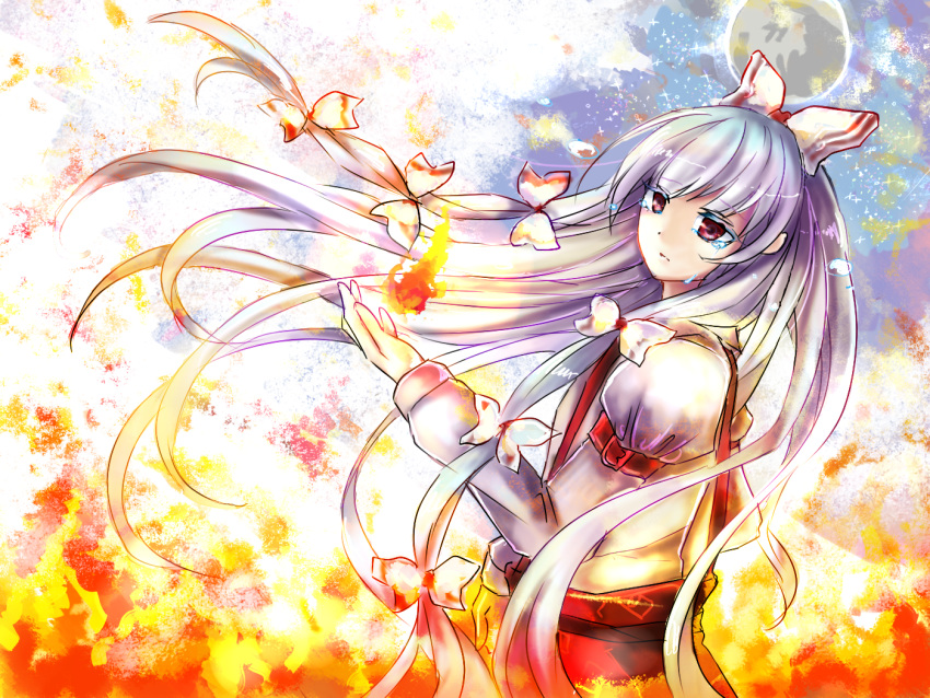 1girl closed_mouth crying crying_with_eyes_open ears eyebrows eyebrows_visible_through_hair fire floating floating_hair from_side fujiwara_no_mokou full_moon hair_ribbon kekeke long_hair long_sleeves looking_afar moon ofuda open_eyes pants puffy_long_sleeves puffy_sleeves red_eyes red_pants ribbon shirt sidelocks sky standing suspenders tears touhou white_hair white_shirt