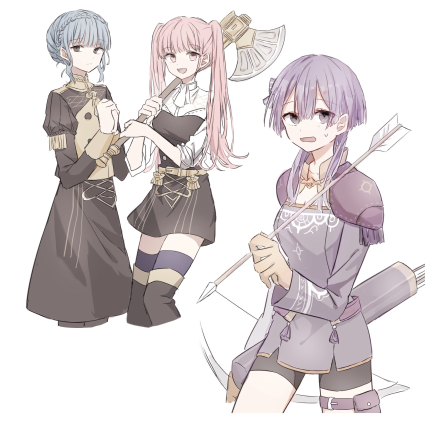 3girls arrow axe belt bernadetta_von_varley bike_shorts blue_hair braid brown_eyes closed_mouth crown_braid fire_emblem fire_emblem:_three_houses garreg_mach_monastery_uniform gloves grey_eyes hair_ornament highres hilda_valentine_goneril holding holding_arrow holding_axe long_hair long_sleeves marianne_von_edmund multiple_girls open_mouth pink_eyes pink_hair purple_hair quiver simple_background t_dlym thigh-highs thigh_strap twintails uniform white_background