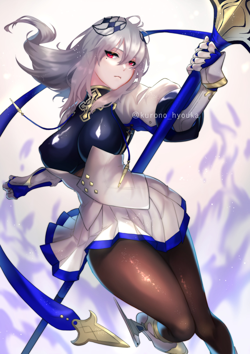 absurdres azur_lane bodystocking breastplate breasts corset covered_nipples cross fleur_de_lis gauntlets gloves grey_hair highres holding holding_polearm holding_spear holding_weapon kurono_hyouka left-handed looking_at_viewer medium_breasts medium_hair mole mole_under_eye pantyhose pleated_skirt polearm red_eyes saint-louis_(azur_lane) skirt spear weapon white_gloves white_skirt