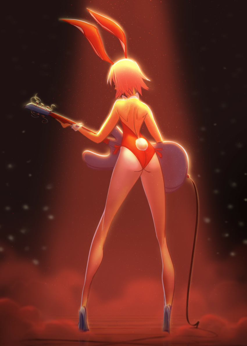 1girl absurdres animal_ears ass bad_proportions bunny_tail bunnysuit chwee facing_away fake_animal_ears flcl full_body guitar haruhara_haruko high_heels highres instrument leotard long_legs pantyhose red_background red_leotard short_hair solo standing tail wrist_cuffs