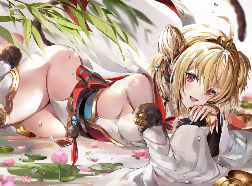 1girl :d andira_(granblue_fantasy) animal_ears bangs bare_shoulders blonde_hair circlet commentary_request detached_sleeves erune fang flower granblue_fantasy hagoromo hair_between_eyes hinahino lily_pad looking_at_viewer lotus lying monkey_ears monkey_girl monkey_tail on_side open_mouth red_eyes shawl skin_fang smile solo tail thigh-highs twintails two_side_up water_drop wide_sleeves