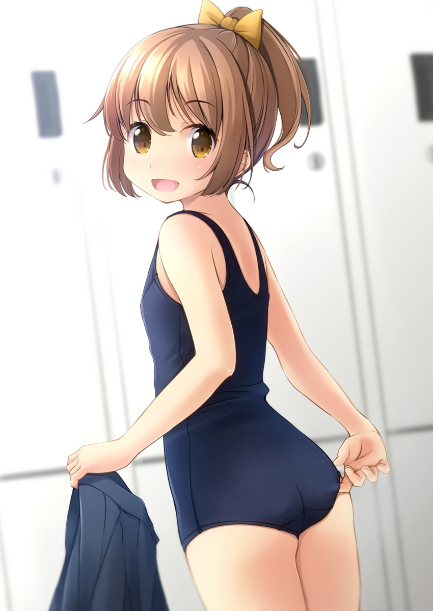 1girl adjusting_clothes adjusting_swimsuit ass blue_skirt blue_swimsuit blurry brown_eyes brown_hair commentary_request cowboy_shot depth_of_field from_behind highres locker locker_room looking_at_viewer looking_back original pleated_skirt ponytail ribbon school_swimsuit shibacha short_hair short_ponytail sitting skirt skirt_removed solo swimsuit