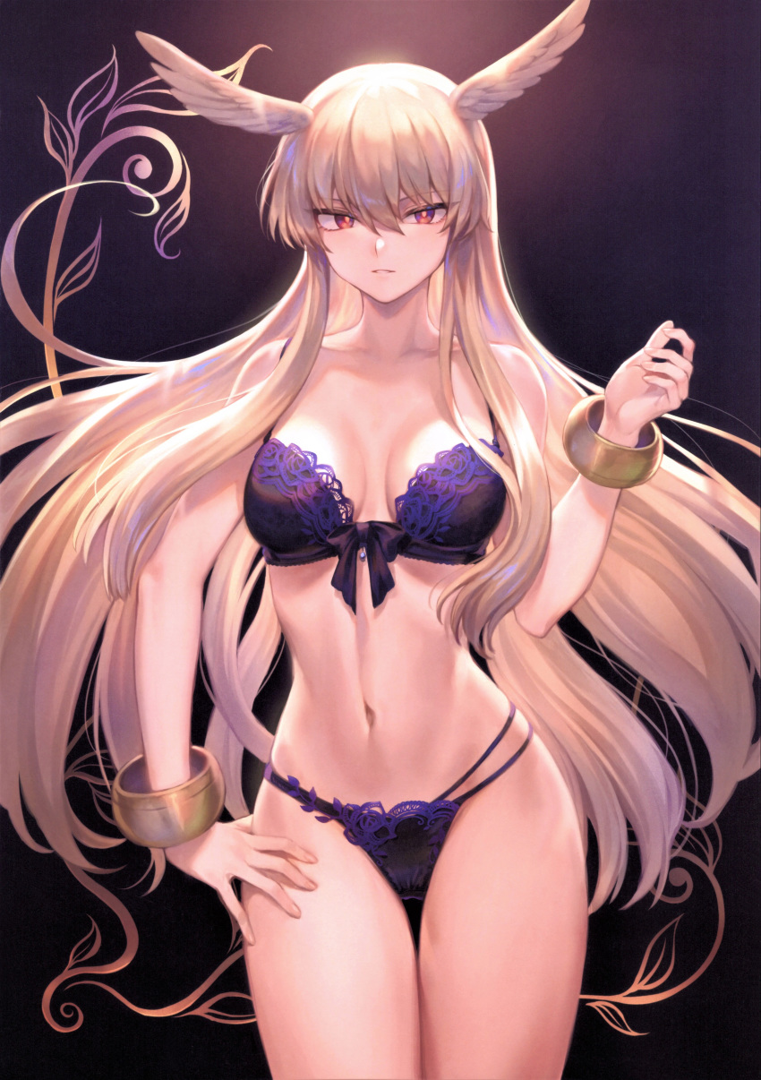 1girl absurdres bangs bare_shoulders blonde_hair blue_bra blue_panties blush bow bow_bra bra bracelet breasts collarbone eyebrows_visible_through_hair fate/grand_order fate_(series) fingernails gradient gradient_background hair_between_eyes hand_on_hip hand_up head_wings highres jewelry lingerie long_hair looking_at_viewer mashuu_(neko_no_oyashiro) medium_breasts navel panties parted_lips red_eyes scan solo stomach thighs thrud_(fate/grand_order) underwear valkyrie_(fate/grand_order)