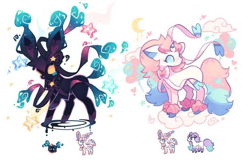 blue_eyes charamells clouds cosmog creature crescent_moon floating full_body fusion galarian_form galarian_ponyta gen_6_pokemon gen_7_pokemon gen_8_pokemon heart legendary_pokemon moon multiple_fusions no_humans pokemon pokemon_(creature) ribbon simple_background standing star star_(sky) sylveon unicorn white_background yellow_eyes