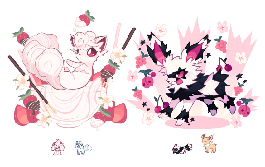 ^_^ alcremie alolan_form alolan_vulpix brown_eyes charamells cherry cherubi chocolate closed_eyes creature flower food fruit full_body fusion galarian_form galarian_zigzagoon gen_1_pokemon gen_4_pokemon gen_7_pokemon gen_8_pokemon grapes jolteon multiple_fusions no_humans pink_eyes pocky pokemon pokemon_(creature) simple_background star strawberry striped tongue tongue_out whipped_cream white_background