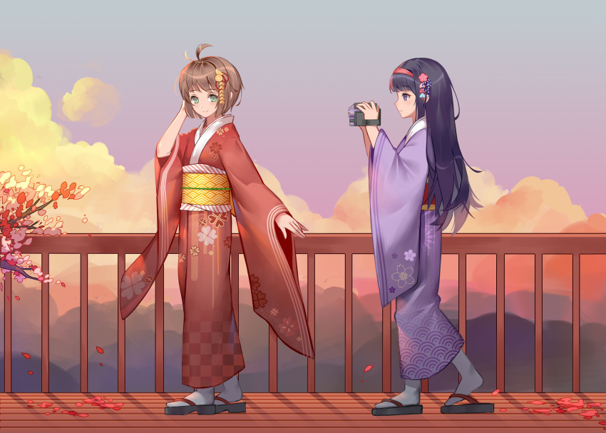 2girls absurdres baiiya cardcaptor_sakura daidouji_tomoyo floral_print flower geta hair_flower hair_ornament highres japanese_clothes kimono kinomoto_sakura long_hair multiple_girls obi pink_kimono sash short_hair tabi yukata