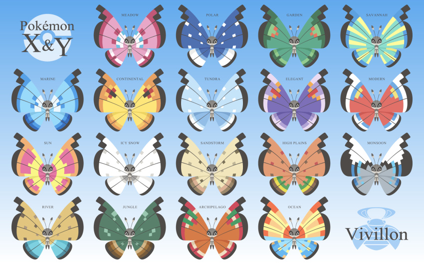 antennae blue_background bug butterfly character_name chart copyright_name creature english_text gen_6_pokemon gradient gradient_background highres insect looking_at_viewer namima_usagi no_humans pokemon pokemon_(creature) vivillon vivillon_(archipelago) vivillon_(continental) vivillon_(elegant) vivillon_(garden) vivillon_(high_plains) vivillon_(icy_snow) vivillon_(jungle) vivillon_(marine) vivillon_(meadow) vivillon_(modern) vivillon_(monsoon) vivillon_(ocean) vivillon_(polar) vivillon_(river) vivillon_(sandstorm) vivillon_(savanna) vivillon_(sun) vivillon_(tundra)