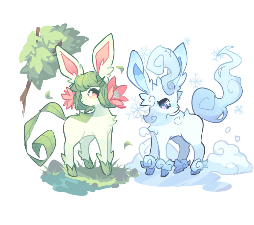 charamells commentary creature english_commentary full_body gen_4_pokemon glaceon grass leafeon looking_away looking_back no_humans pokemon pokemon_(creature) simple_background snowflakes standing tree violet_eyes white_background yellow_eyes