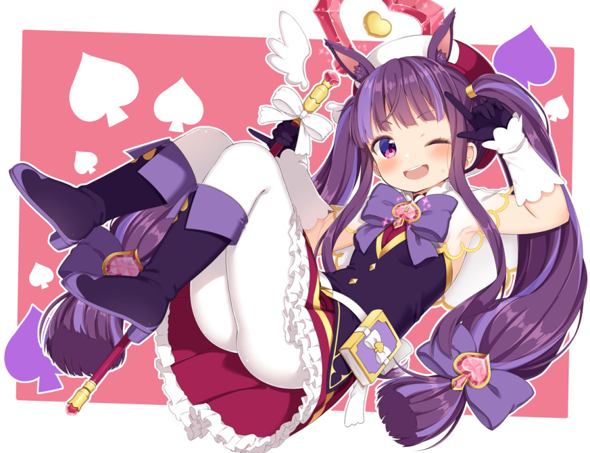 1girl animal_ear_fluff animal_ears arms_up black_gloves black_shirt boots bow capelet commentary_request frilled_skirt frills gloves hair_bow hair_ornament hat holding holding_staff index_finger_raised keyhole kirihara_kasumi knee_boots knees_up long_hair lying muku_(muku-coffee) multicolored_hair on_back pantyhose pink_background pleated_skirt princess_connect! princess_connect!_re:dive purple_bow purple_footwear purple_hair red_headwear red_skirt see-through shirt skirt sleeveless sleeveless_shirt solo spade_(shape) spade_hair_ornament sparkle staff twintails two-tone_background two-tone_hair very_long_hair violet_eyes white_background white_legwear