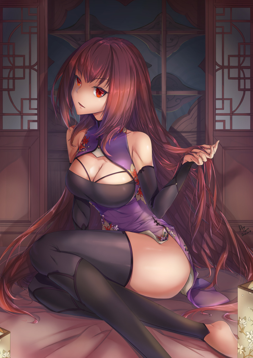 1girl absurdres alternate_costume black_legwear china_dress chinese_clothes detached_sleeves dincat dress fate/grand_order fate_(series) graphite_(medium) hair_intakes highres long_hair purple_dress purple_hair red_eyes scathach_(fate)_(all) scathach_(fate/grand_order) sitting sleeveless sleeveless_dress solo thigh-highs traditional_media