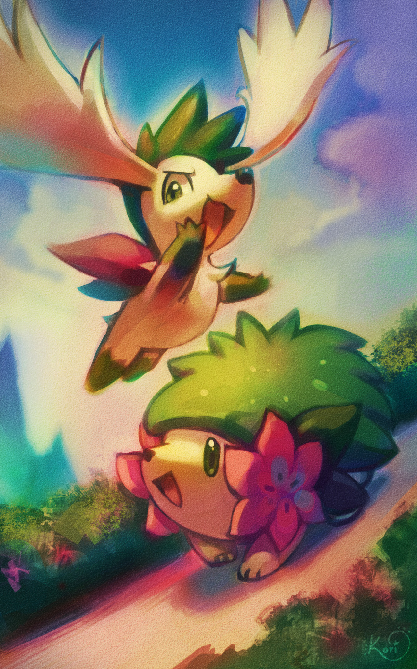 :d absurdres blue_sky clouds cloudy_sky commentary creature day english_commentary flying full_body gen_4_pokemon grass green_eyes happy highres koriarredondo no_humans open_mouth outdoors pokemon pokemon_(creature) road shaymin shaymin_(land) shaymin_(sky) signature sky smile