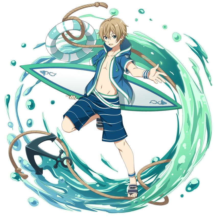 1boy :d ahoge blonde_hair blue_eyes blue_shorts collarbone eugeo groin hair_between_eyes highres hood hood_down hooded_jacket innertube jacket male_focus navel non-web_source official_art open_clothes open_jacket open_mouth outstretched_arm shiny shiny_hair short_sleeves shorts smile solo standing standing_on_one_leg striped striped_shorts surfboard sword_art_online transparent_background wristband