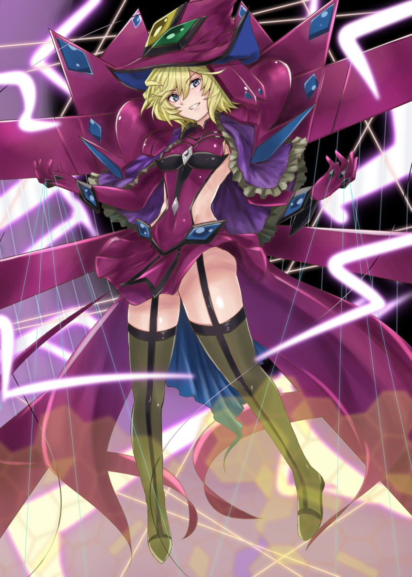 1girl absurdres blonde_hair blue_eyes breasts carol_malus_dienheim elbow_gloves garter_straps gloves hat highres looking_at_viewer medium_breasts mole mole_under_eye senki_zesshou_symphogear shiny shiny_hair shiny_skin shishin_(shishintei) short_hair side_cutout sideless_outfit skirt smile solo teeth thigh-highs