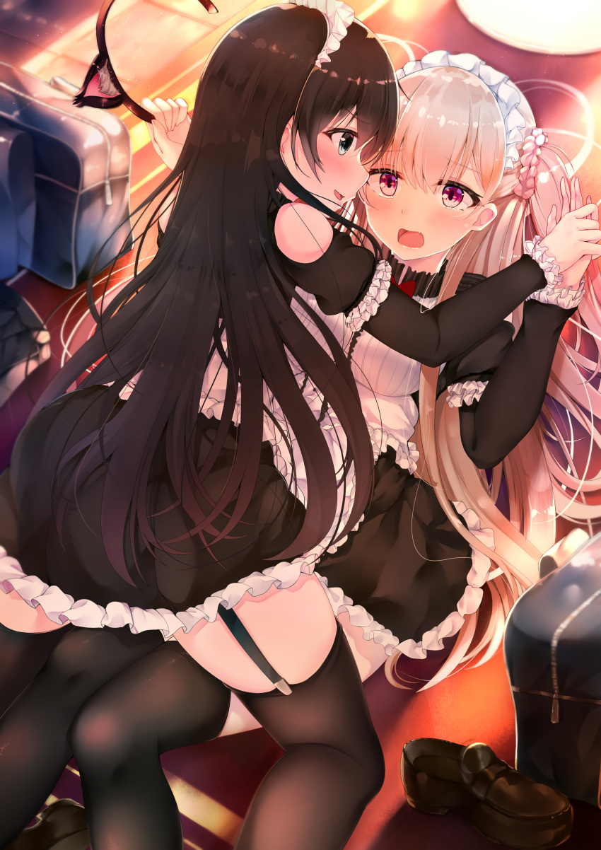 2girls absurdres animal_ears apron bare_shoulders black_dress black_hair black_hairband black_legwear blurry breasts cat_ears commentary_request depth_of_field detached_sleeves dress evening fake_animal_ears frills from_above garter_straps green_eyes hair_between_eyes hairband highres hiragi_ringo light_brown_hair looking_at_another maid maid_apron maid_headdress medium_breasts multiple_girls open_mouth original puffy_sleeves short_dress sitting sitting_on_person skirt tears thigh-highs thighs two_side_up violet_eyes white_apron yuri