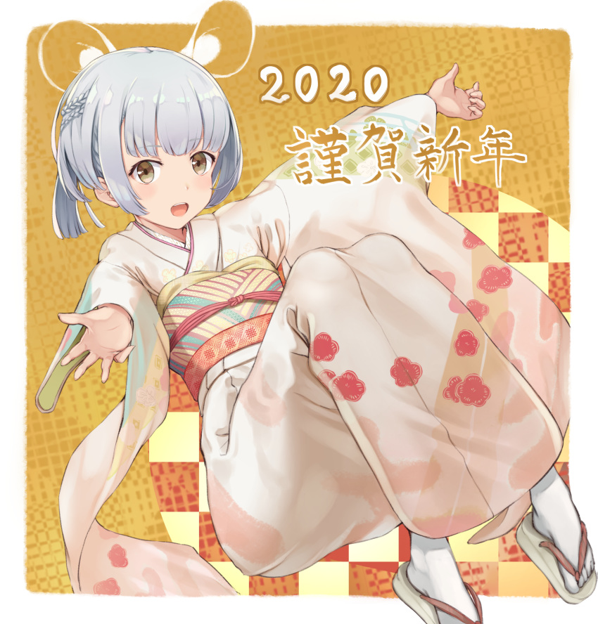 1girl 2020 blush floral_print highres japanese_clothes kimono nengajou new_year obi original piisu print_kimono sash short_hair white_kimono yukata