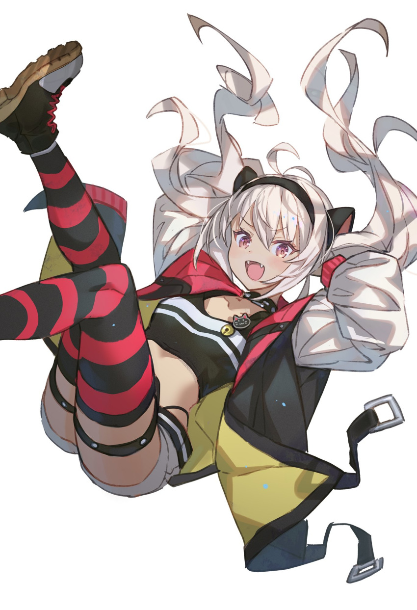 1girl :d animal_ears antenna_hair arms_up ass badge black_jacket black_shirt breasts brown_eyes choker commentary_request crop_top fangs floating_hair hairband highres jacket legs_up long_hair looking_at_viewer makai_no_juumin matsukai_mao midriff nijisanji open_clothes open_jacket open_mouth raglan_sleeves shirt shoes short_shorts shorts silver_hair simple_background small_breasts smile sneakers solo striped striped_legwear thigh-highs thigh_strap twintails v-shaped_eyebrows virtual_youtuber white_background white_shorts