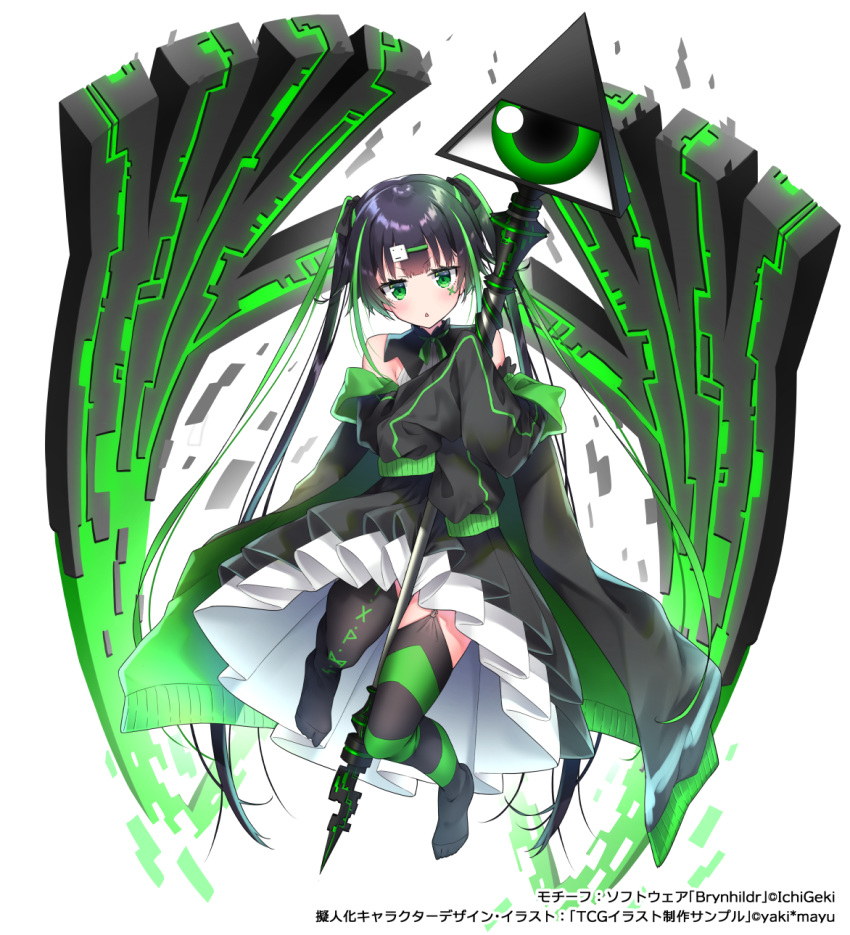 1girl bangs black_dress black_hair blunt_bangs blush chestnut_mouth dress facial_mark garter_straps green_eyes hair_ornament hairclip highres holding holding_staff looking_at_viewer multicolored_hair off_shoulder official_art original sleeves_past_wrists staff streaked_hair striped striped_legwear tachi-e thigh-highs twintails watermark white_background yaki_mayu