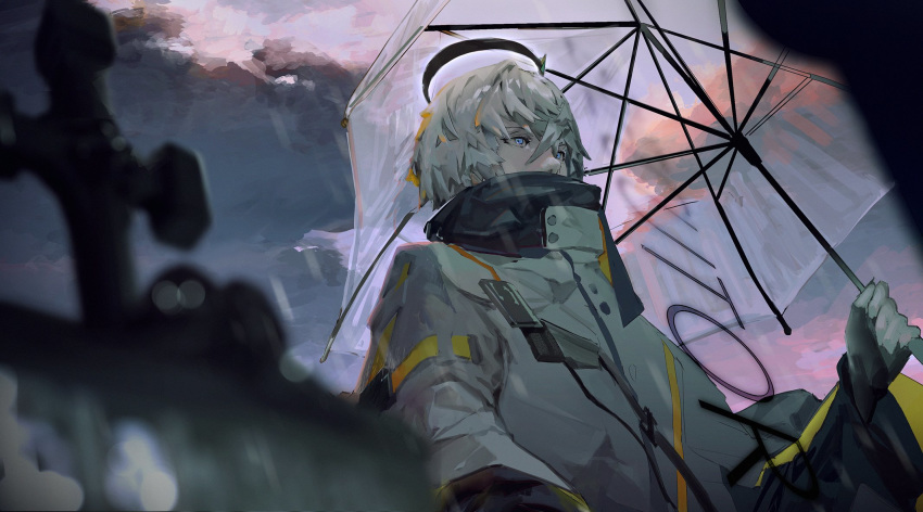 1boy arknights bangs blue_eyes buckle cloak clouds cloudy_sky cross executor_(arknights) fingerless_gloves gloves halo high_collar highres long_sleeves looking_afar rain sky strap sunset tok tombstone translucent umbrella white_hair