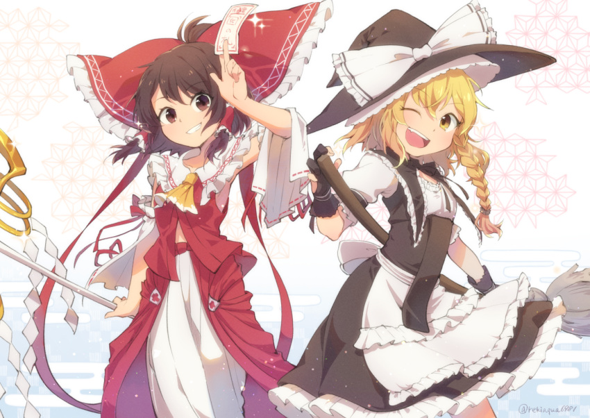 2girls ;d adapted_costume apron arm_up ascot black_gloves black_headwear black_skirt black_vest blonde_hair bow braid broom brown_eyes brown_hair commentary_request detached_sleeves egasumi gloves gohei hair_bow hair_tubes hakurei_reimu hat hat_bow holding kirisame_marisa long_hair looking_at_viewer multiple_girls ofuda one_eye_closed open_mouth partly_fingerless_gloves puffy_sleeves red_bow reki_(arequa) shide shirt side_braid sidelocks skirt skirt_set smile touhou vest waist_apron white_background white_bow white_shirt white_skirt witch_hat yellow_eyes yellow_neckwear