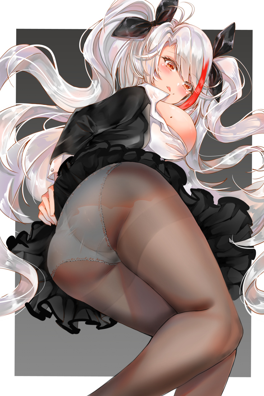 1girl absurdres alternate_costume azur_lane bangs black_legwear black_skirt blazer breasts collared_shirt commentary_request cowboy_shot hair_ribbon highres jacket large_breasts long_hair looking_at_viewer miniskirt mole mole_on_breast multicolored_hair orange_eyes panties panties_under_pantyhose pantyhose pantyshot prinz_eugen_(azur_lane) ribbon shirt sideboob silver_hair skirt solo streaked_hair swept_bangs thighband_pantyhose thighs tongue tongue_out twintails underwear uniform very_long_hair yukineko1018