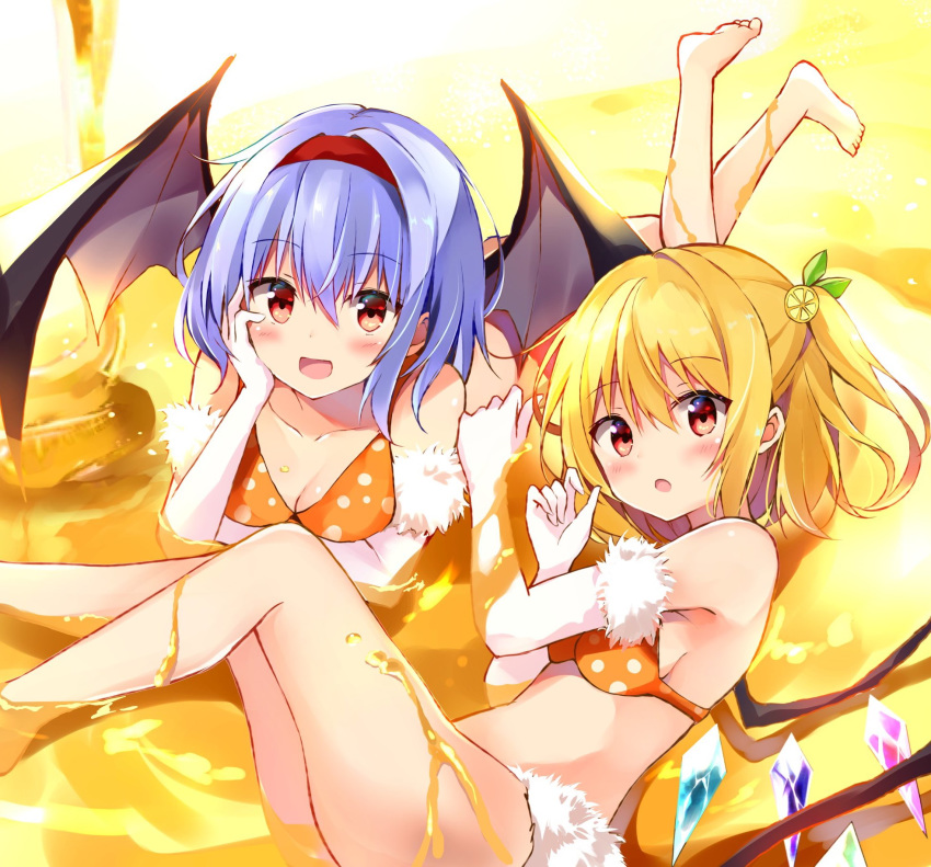 2girls :d :o bangs bare_legs barefoot bat_wings bikini blonde_hair blue_hair blush breasts commentary_request crystal eyebrows_visible_through_hair feet_out_of_frame feet_up flandre_scarlet fur-trimmed_gloves fur_trim gloves hair_between_eyes hairband hand_up head_rest highres hyurasan juice looking_at_viewer lying medium_breasts multiple_girls no_hat no_headwear on_stomach one_side_up open_mouth orange_bikini polka_dot polka_dot_bikini red_eyes red_hairband remilia_scarlet short_hair siblings sidelocks sisters smile swimsuit thighs touhou white_gloves wings