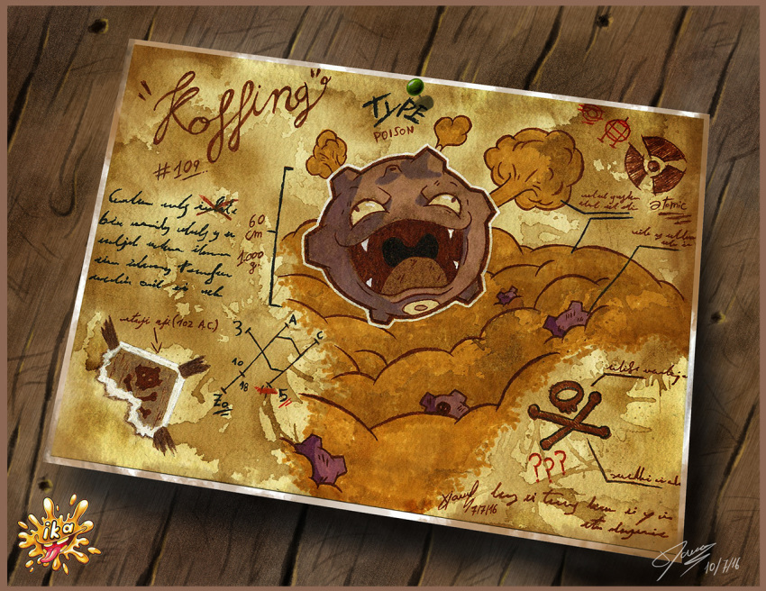 ?? character_name creature dated english_text fangs floating gen_1_pokemon ikanana koffing no_humans number open_mouth pokemon pokemon_(creature) pokemon_number signature smoke traditional_media watercolor_(medium) wood