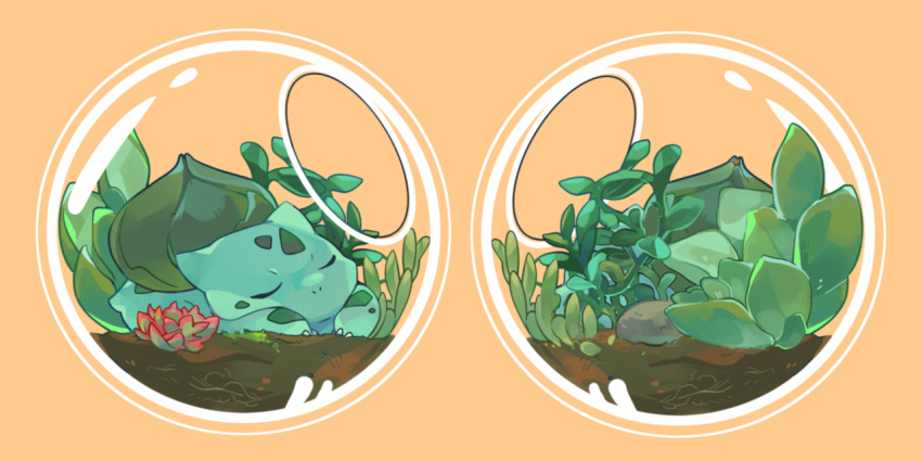 bokchois bulbasaur closed_eyes commentary creature english_commentary full_body gen_1_pokemon no_humans orange_background plant pokemon pokemon_(creature) simple_background sleeping