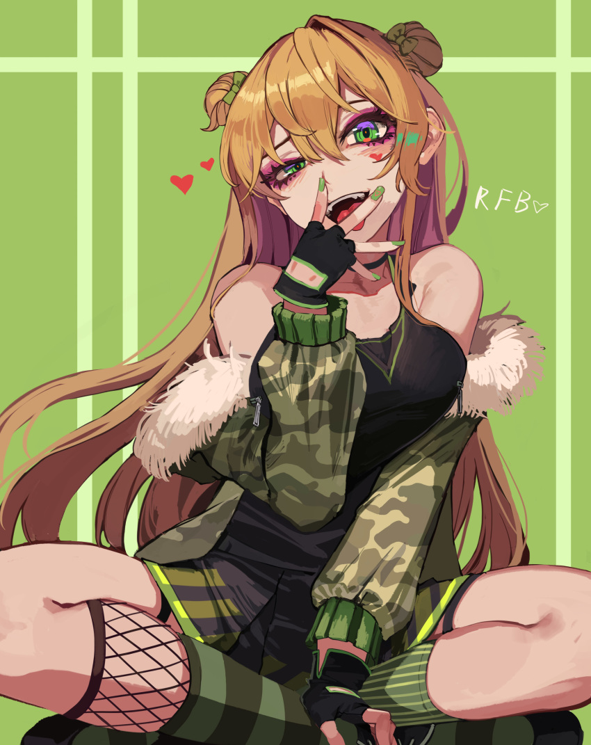 1girl absurdres bangs bare_shoulders bow breasts camouflage_jacket character_name choker crazy_eyes da_(dsasd751) double_bun eyebrows_behind_hair eyeliner eyeshadow fangs fingerless_gloves fur_trim girls_frontline gloves green_background green_bow green_eyes green_nails hair_between_eyes hair_bow hand_to_own_mouth heart heart_tattoo highres indian_style light_brown_hair long_hair long_sleeves looking_at_viewer makeup mascara medium_breasts off_shoulder open_mouth rfb_(girls_frontline) shoes sitting skirt socks solo tank_top tattoo thigh_strap tongue tongue_out uneven_eyes