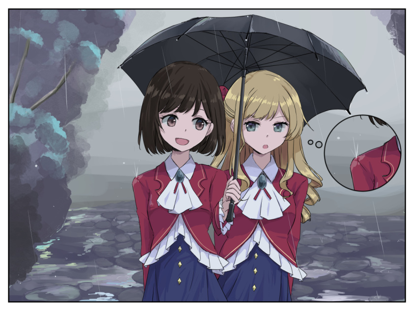 2girls black_hair black_umbrella blonde_hair bow brooch claire_francois cravat drill_hair hair_bow jewelry krill55 long_hair long_sleeves looking_at_another multiple_girls outdoors overcast rain red_bow rei_taylor short_hair smile standing thought_bubble umbrella watashi_no_oshi_wa_akuyaku_reijou yuri