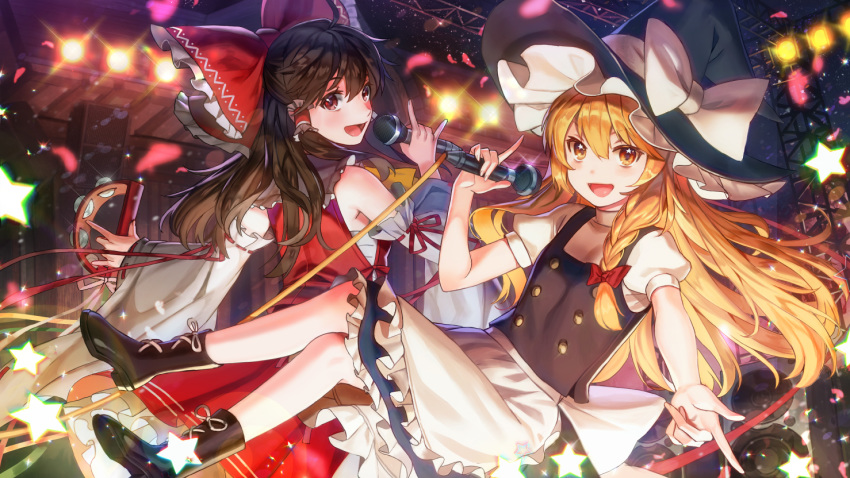2girls :d ahoge apron black_footwear black_skirt black_vest blonde_hair boots bow braid brown_hair commentary_request detached_sleeves floating from_behind hair_bow hair_tubes hakurei_reimu hand_up hat hat_bow holding holding_instrument holding_microphone instrument jeonpa kirisame_marisa levitation long_hair long_sleeves looking_at_viewer looking_back microphone multiple_girls music night nontraditional_miko open_mouth puffy_short_sleeves puffy_sleeves red_bow red_eyes red_shirt red_skirt ribbon-trimmed_sleeves ribbon_trim sarashi shirt short_sleeves side_braid skirt skirt_set smile sparkle stage stage_lights star tambourine touhou vest waist_apron white_bow wide_sleeves witch_hat yellow_eyes