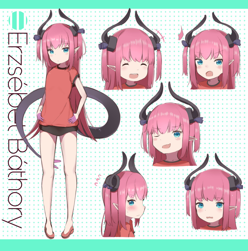 1girl :d ^_^ absurdres asymmetrical_horns blue_eyes closed_eyes corset curled_horns dragon_girl dragon_horns dragon_tail dress dress_flower elizabeth_bathory_(fate) elizabeth_bathory_(fate)_(all) expressions fate/extra fate/extra_ccc fate/grand_order fate_(series) flying_sweatdrops highres horns idol long_hair multiple_views open_mouth pink_hair plaid plaid_skirt pointy_ears sarkany_csont_landzsa skirt smile striped striped_headwear tail vertical-striped_dress vertical-striped_headwear vertical_stripes yomogi_uehara