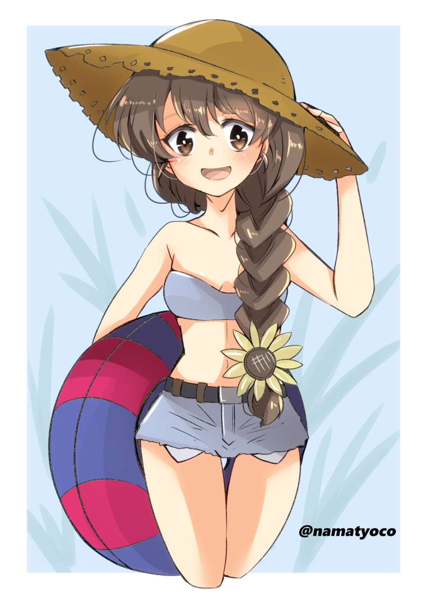 1girl bangs belt bikini black_belt black_ribbon braid brown_eyes brown_hair brown_headwear commentary_request cropped_legs flower girls_und_panzer grey_bikini_top grey_shorts hair_flower hair_ornament hair_over_shoulder hair_ribbon hand_on_headwear hat highres holding holding_innertube innertube long_hair looking_at_viewer micro_shorts namatyoco navel open_mouth partial_commentary ribbon rukuriri_(girls_und_panzer) shorts single_braid smile solo standing strapless strapless_bikini straw_hat sun_hat swimsuit thigh_gap twintails yellow_flower
