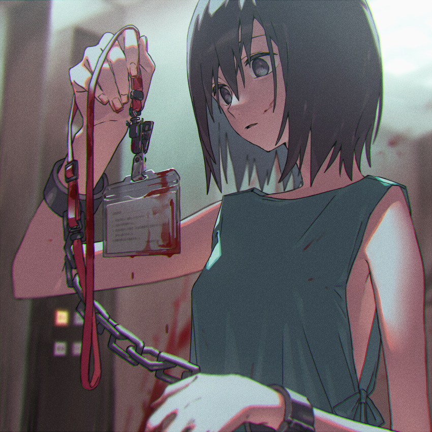 1girl absurdres blood blood_stain bloody_clothes bloody_hands chain cuffs door dripping fingernails hair_between_eyes highres id_card indoors light_oooo medium_hair original shackles solo