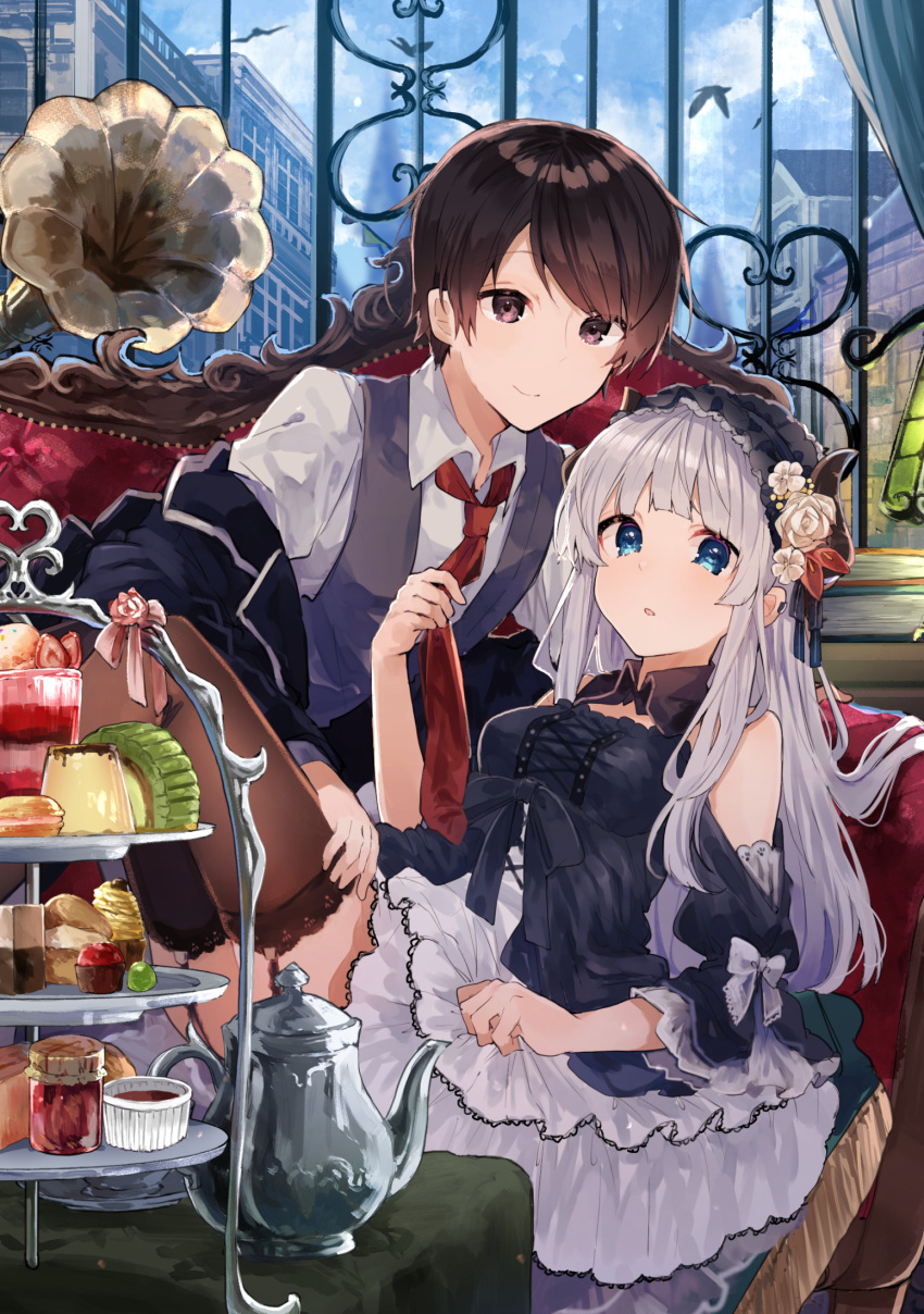 1boy 1girl bangs bare_shoulders bird black_dress black_jacket blue_eyes blue_sky blunt_bangs book book_stack bow brown_eyes brown_hair brown_legwear closed_mouth collared_shirt cookie couch day demon_horns detached_collar dress eleanor_(ikeuchi_tanuma) flower food garter_straps grate grey_hair grey_vest hair_flower hair_ornament hairband highres horns ikeuchi_tanuma indoors jacket lamp layered_skirt lolita_fashion lolita_hairband long_hair looking_at_viewer necktie neckwear_grab off-shoulder_jacket on_couch original parted_lips pastry phonograph red_neckwear shirt skirt sky smile table teapot thigh-highs tray vest white_bow white_flower white_shirt white_skirt window wing_collar