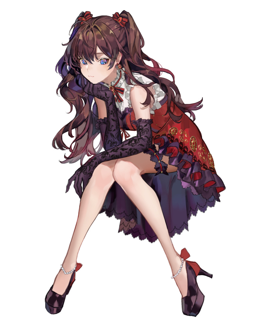 1girl absurdres ahoge bangs bare_shoulders black_gloves blue_eyes bow breasts brooch brown_hair chyoel dress earrings elbow_gloves frills gloves hair_bow high_heels highres ichinose_shiki idolmaster idolmaster_cinderella_girls idolmaster_cinderella_girls_starlight_stage jewelry legs long_hair looking_at_viewer neck_ribbon pearl_anklet red_bow red_dress red_ribbon ribbon simple_background smile solo stenciled_rose white_background
