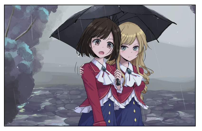 2girls black_hair black_umbrella blonde_hair blush bow brooch claire_francois cravat drill_hair hair_bow hand_on_another's_shoulder jewelry krill55 long_hair long_sleeves looking_at_another multiple_girls outdoors overcast rain red_bow rei_taylor short_hair standing umbrella watashi_no_oshi_wa_akuyaku_reijou yuri