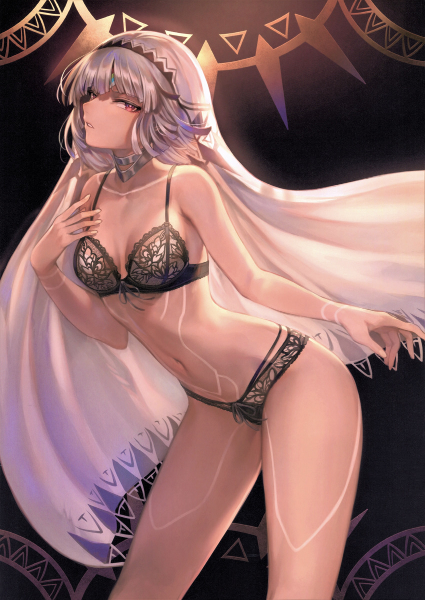 1girl absurdres altera_(fate) bangs bare_shoulders blunt_bangs blush body_markings bow bow_panties bowtie bra breasts choker collarbone dark_skin fate/extella fate/extra fate_(series) fingernails forehead_jewel gradient gradient_background hand_up headband highres leaning_forward lingerie looking_at_viewer mashuu_(neko_no_oyashiro) navel panties parted_lips red_eyes scan shiny shiny_hair short_hair sidelocks small_breasts solo thighs underwear veil white_hair