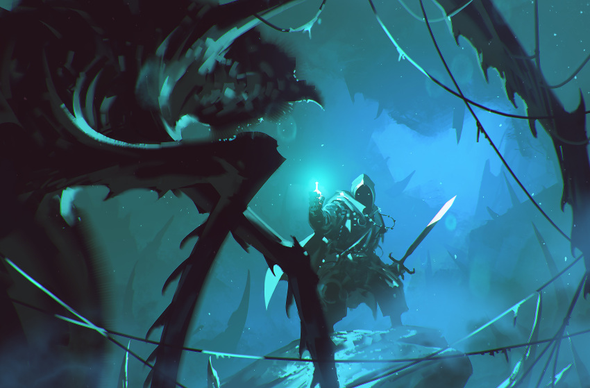 1boy absurdres animal armor blurry blurry_foreground bottle bug cape cave creature gloves glowing highres holding hood hood_up hooded_cape kalmahul legendarium male_focus oversized_animal pants samwise_gamgee shelob_(legendarium) silk spider spider_web sword the_lord_of_the_rings weapon