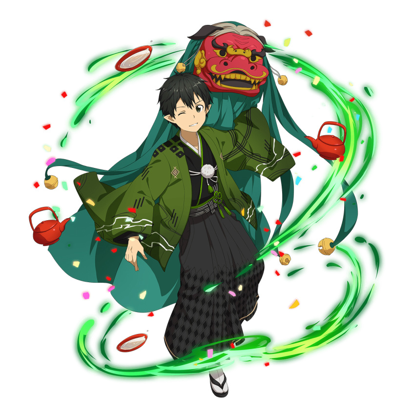 1boy bell black_eyes black_hair black_hakama black_kimono full_body grin hakama haori highres japanese_clothes kimono kirito_(sao-alo) long_sleeves looking_at_viewer male_focus non-web_source official_art one_eye_closed pointy_ears shiny shiny_hair smile solo sword_art_online tabi teapot transparent_background white_legwear wide_sleeves