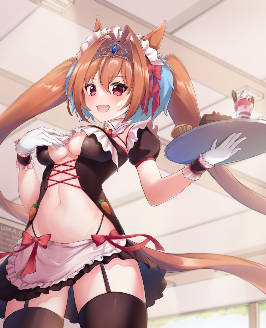 1girl :d absurdres animal_ears antenna_hair apron bangs black_legwear black_skirt blush bow breasts brown_hair commentary_request cowboy_shot cupcake daiwa_scarlet_(umamusume) eyebrows_visible_through_hair fang food frilled_apron frills garter_straps gloves hair_bow hair_intakes hand_on_own_chest highres holding holding_tray horse_ears ice_cream indoors long_hair looking_at_viewer maid_headdress medium_breasts miniskirt navel open_mouth pizza_(artist) puffy_short_sleeves puffy_sleeves red_bow red_eyes red_skirt revealing_clothes short_sleeves skirt smile solo stomach sundae thigh-highs tiara tray umamusume under_boob very_long_hair waist_apron waitress white_apron white_gloves wrist_cuffs zettai_ryouiki