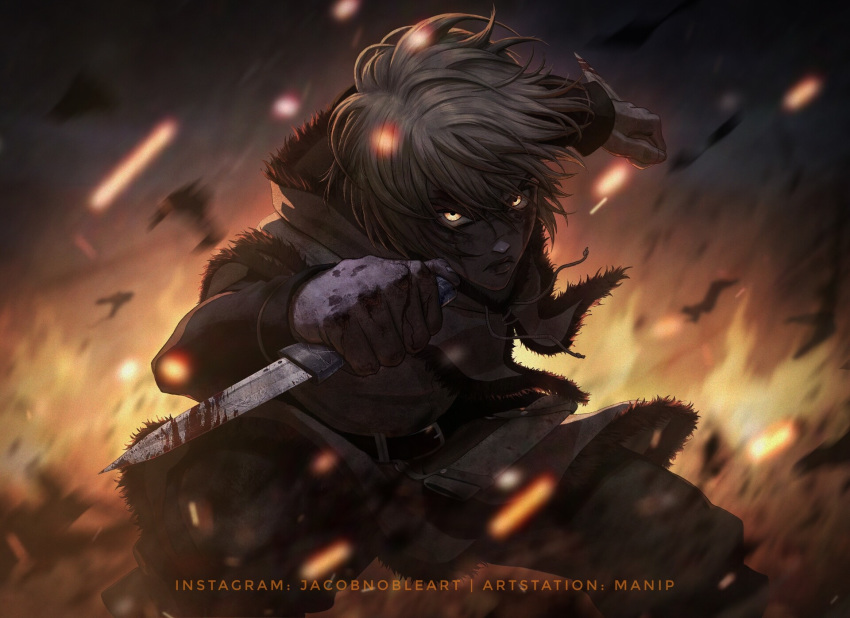 1boy angry belt bleeding blonde_hair blood blood_on_face bloody_clothes bloody_weapon dagger dual_wielding fire highres holding holding_dagger holding_knife holding_weapon hood hoodie knife long_sleeves looking_at_viewer male_focus manip medium_hair reverse_grip serious sheath solo thorfinn viking vinland_saga weapon yellow_eyes