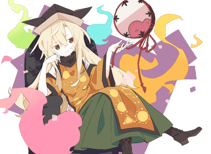 1girl aida_(aidia) arm_support black_headwear blonde_hair boots brown_eyes brown_footwear chair closed_mouth constellation crossed_legs detached_sleeves drum floating floating_object green_skirt hat head_tilt highres instrument long_hair long_skirt matara_okina simple_background sitting skirt smile solo tabard touhou white_background wide_sleeves