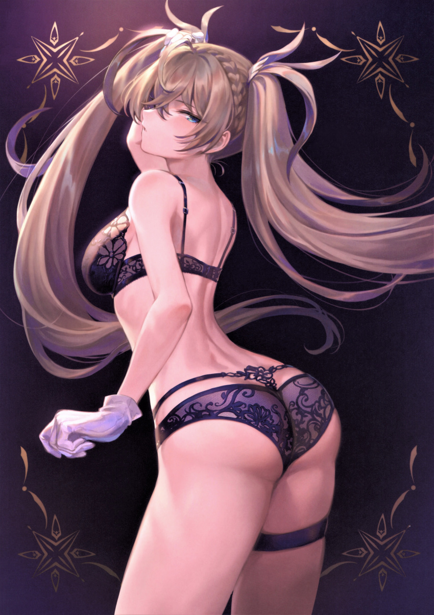 1girl absurdres arm_up ass back bangs bare_shoulders blonde_hair blue_bra blue_eyes blue_panties blush bra bradamante_(fate/grand_order) braid breasts eyebrows_visible_through_hair fate/grand_order fate_(series) french_braid from_behind gloves gradient gradient_background hair_between_eyes highres large_breasts lingerie long_hair looking_at_viewer looking_back mashuu_(neko_no_oyashiro) panties parted_lips scan shiny shiny_hair shoulder_blades sidelocks solo thigh_strap thighs tied_hair twintails underwear underwear_only very_long_hair white_gloves