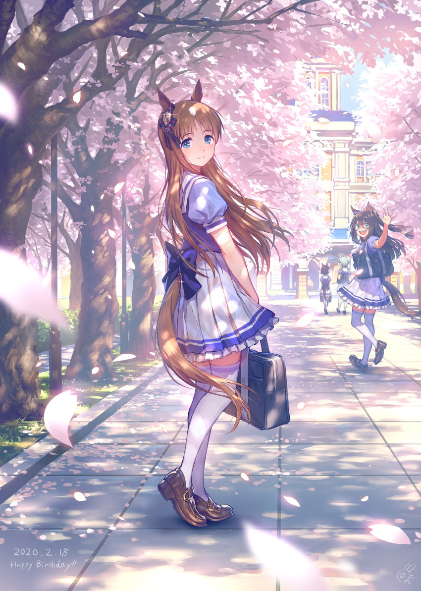 4girls :d animal_ears back_bow bag blue_bow blue_eyes bookbag bow brown_hair building cherry_blossoms commentary dappled_sunlight dated domino_mask el_condor_pasa frilled_skirt frills from_side full_body grass_wonder hair_ornament happy_birthday highres holding holding_bag horse_ears horse_tail long_hair looking_at_viewer looking_back mary_janes mask multiple_girls nishino_flower okada_manabi open_mouth outdoors path petals pleated_skirt puffy_short_sleeves puffy_sleeves school school_uniform seiun_sky serafuku shoes short_sleeves skirt smile sunlight tail thigh-highs tree umamusume waving white_legwear zettai_ryouiki