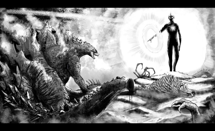 alien battle claws clouds commentary crossover fangs fighting godzilla godzilla:_king_of_the_monsters godzilla_(2014) godzilla_(legendary) godzilla_(series) greyscale kaijuu monochrome monster no_humans okamura_(okamura086) open_mouth scales sharp_teeth smile spikes spines tail teeth tokusatsu ultra_series ultraman ultraman_(1st_series)