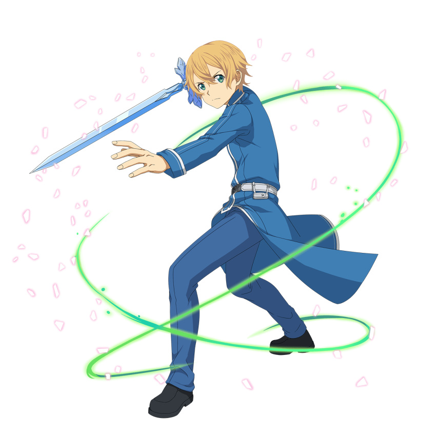 1boy bangs belt black_footwear blonde_hair blue_coat blue_eyes blue_pants blue_rose_sword closed_mouth eugeo frown full_body hair_between_eyes highres holding holding_sword holding_weapon long_sleeves male_focus non-web_source official_art pants solo sword sword_art_online transparent_background weapon white_belt